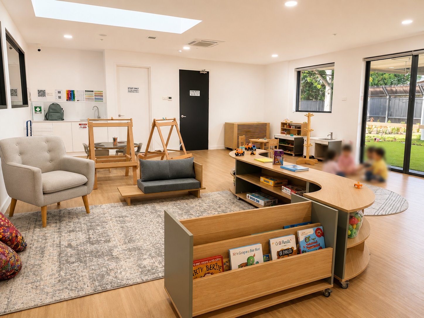 A calm Campbelltown room with a reading nook, book trolley, easels and doors opening to the lawn