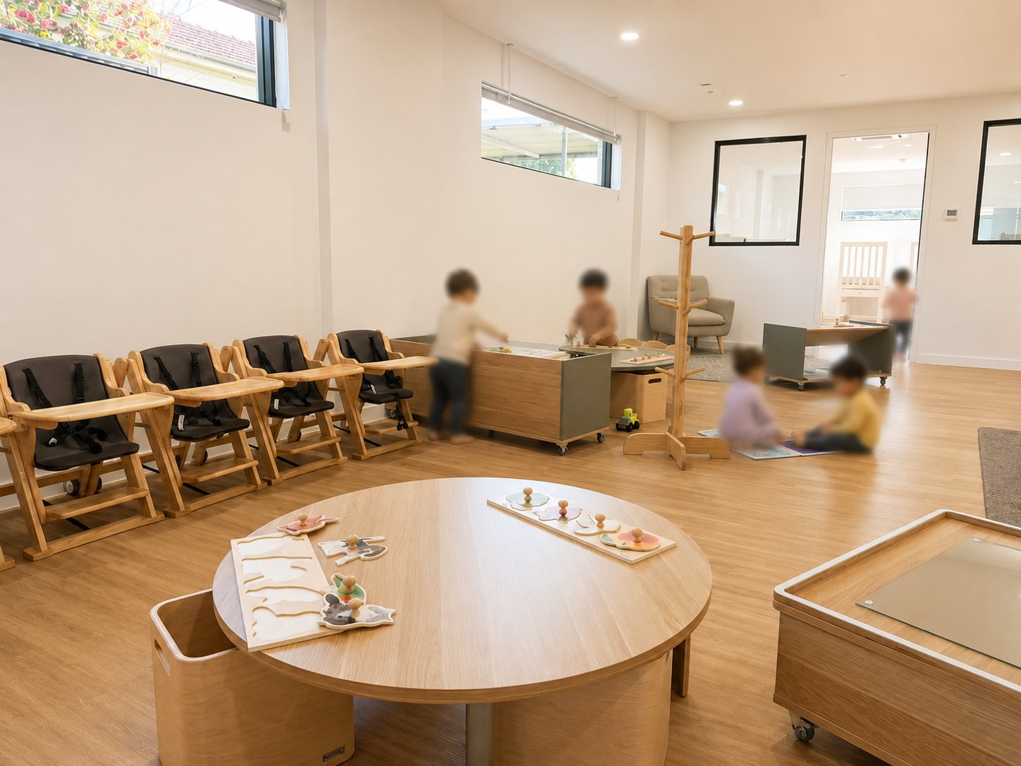 The Campbelltown nursery room with timber high chairs, a round activity table and toddlers exploring